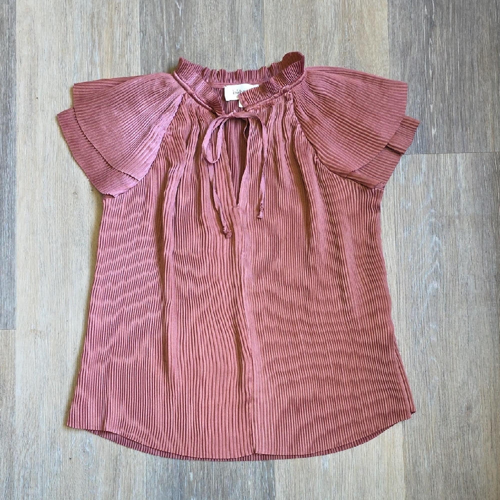 Anthropologie Böhme Dusty Rose Pleated Tie-Front Flutter Sleeve Blouse
